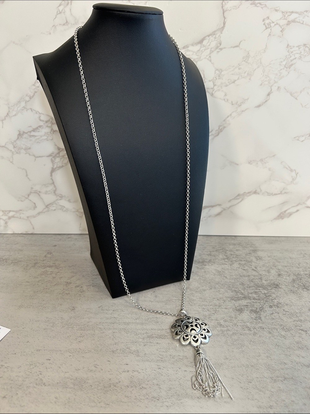 Lucky Brand Silver Floral Filigree Tassel Pendant Necklace